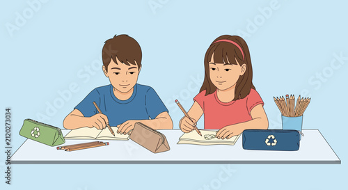 A young brother and sister sit together at their desk diligently completing school homework assignments while using sustainable supplies to ensure that their academic progress remains consistent