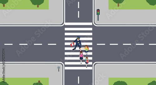 A diligent crossing guard helps a group of students walk safely across the urban roadway markings while cars wait patiently for the school children to reach the sidewalk on the opposite street