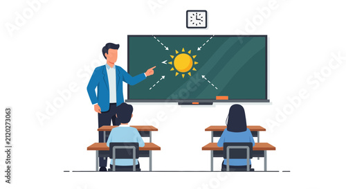 A professional instructor explains the basic principles regarding solar energy and rays to his attentive pupils sitting at wooden desks while they look at the educational chalkboard during class