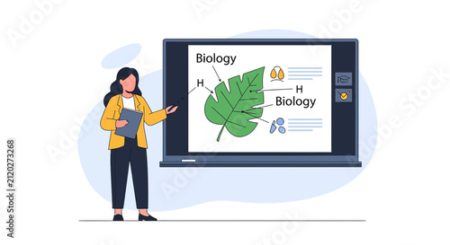 A professional female teacher explains the complex structure of a plant leaf during a biology lesson while pointing at a large digital screen displaying scientific information to her attentive