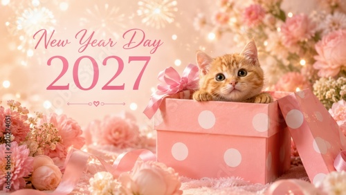 cute orange kitten peeks out of a pink polka-dot gift box surrounded by pink flowers, celebrating New Year Day 2027 with festive fireworks in the background.