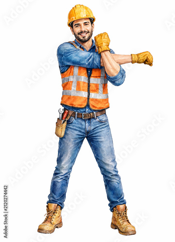 Construction worker stretching arms. Builder doing warm-up exercises on site.