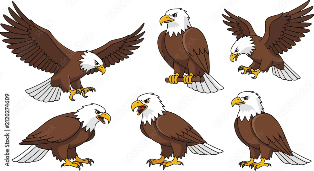 Naklejka premium A set of illustrations depicts a bald eagle in various dynamic poses.