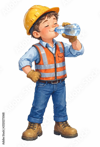 Little boy construction worker drinking water. Child wearing safety gear and hard hat.