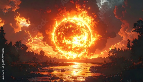 Fiery Sun Over River.