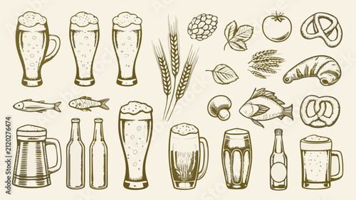 Obraz na plátně a hearty collection of beer related items in sketch style mugs bottles pretzels