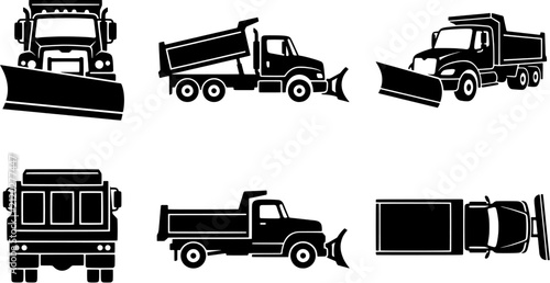 Snow plow truck icon set in a flat black silhouette style including front, side, perspective and top views of dump trucks with plows.
