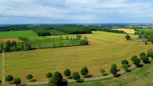 Cinematic Aerial Flight Over Idyllic Green Countryside Landscape with Farmland, Forests, and Rolling Hills on a Sunny Summer Day.