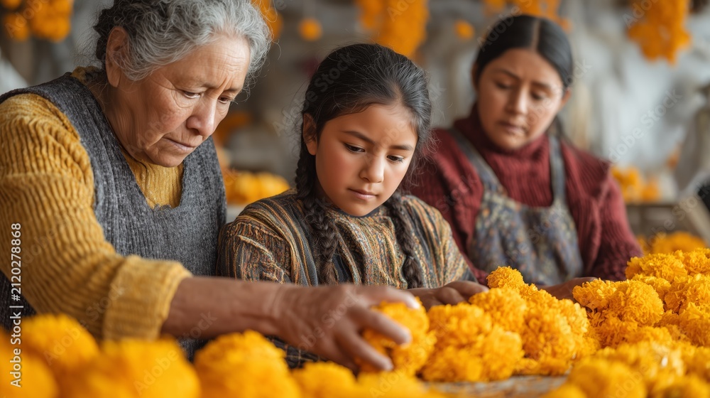 Fototapeta premium Mexican family preparing marigold offerings for Day of the Dead. Elderly woman, adult woman and young girl arranging cempasúchil flowers indoors for a traditional ofrenda remembrance ritual.
