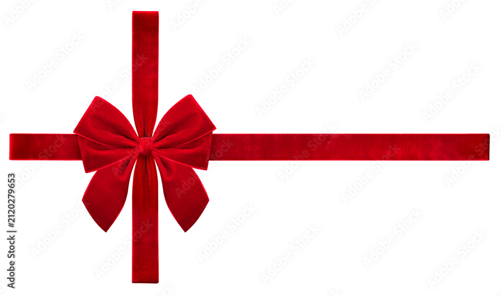 Obraz premium Festive Christmas velvet red bow tied with velvet wrapping ribbon. Element for design. Present. Christmas decor.