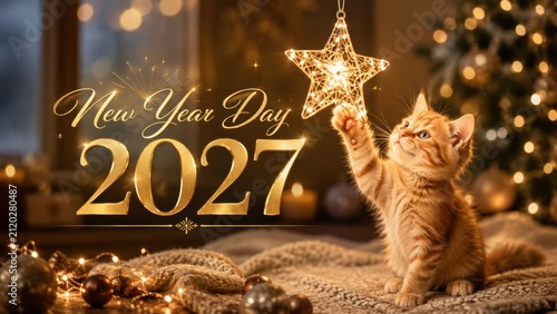 cute orange kitten reaches for a glowing star-shaped ornament amid cozy New Year 2027 decorations and warm festive lighting.