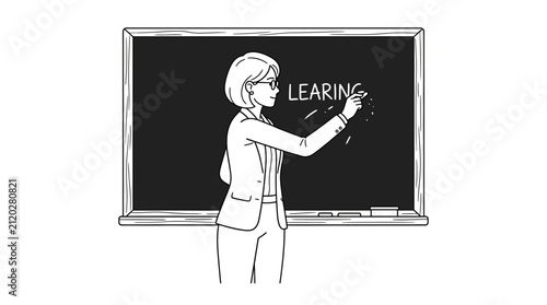 A female teacher writing the word learning on a classroom chalkboard.