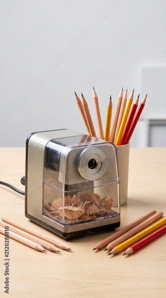 Fototapeta premium Electric pencil sharpener with colored pencils on a study desk for schoolwork, drawing, classroom use and organized stationery.