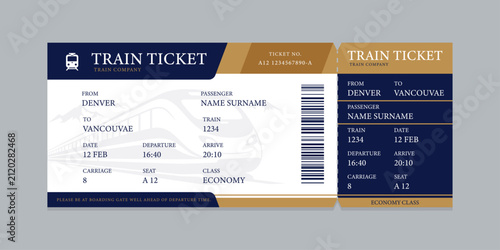 Vector flat train ticket template with passenger information and trip.