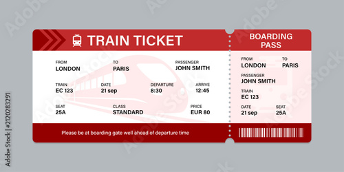 Vector flat train ticket template with passenger information and trip.