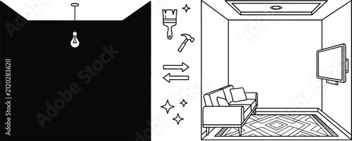 Home renovation before and after concept showing dark empty room transforming into modern living room