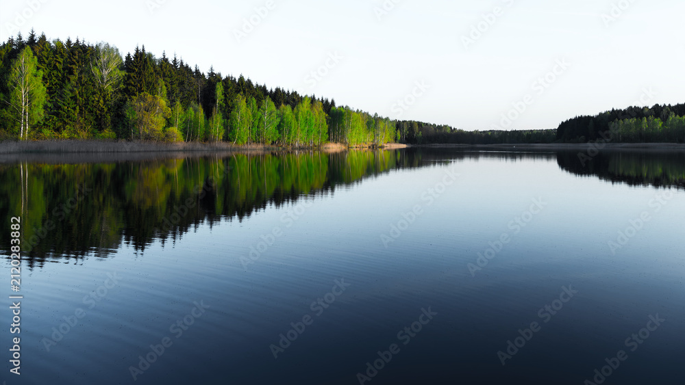 Obraz premium Calm landscape scenery, lake with tree forest on the coast
