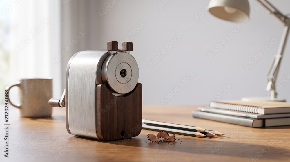 Fototapeta premium Electric pencil sharpener on a study desk for schoolwork, office writing, creative projects and organized stationery use.