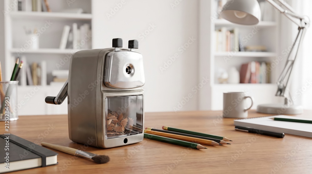 Fototapeta premium Electric pencil sharpener on a study desk for schoolwork, office writing, creative projects and organized stationery use.
