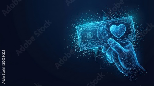 Digital illustration of a glowing hand holding a dollar bill with a heart shape, futuristic lighting, dark background, abstract tech elements. Perfect for financial, love, or tech concepts.