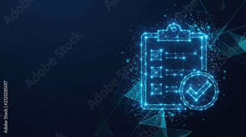 Digital checklist with glowing blue checkmark on abstract tech network background; studio lighting, futuristic, corporate setting.