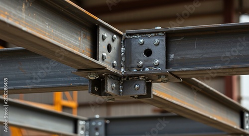 A complex steel beam connection with detailed welds and bolts, showcasing structural integrity. Concept of structural engineering and metal fabrication