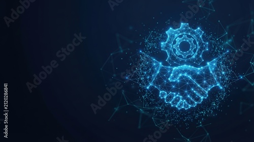 Abstract digital handshake with gear icon on glowing blue network grid; futuristic, high-contrast lighting, studio setting, corporate mood.