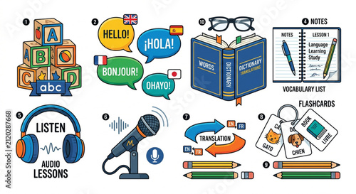 Language learning vector icon set, foreign language study education elements, vocabulary and translation tools for school and online courses