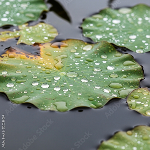close up of green lotus leaves with water droplets on a pond surface