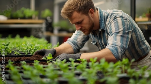 A dedicated farmer tends to seedlings in a greenhouse with wooden shelves forming the soft-focus background.