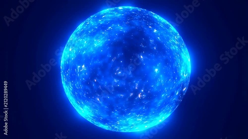 Blue glowing energy sphere pulses and rotates while emitting flickering light particles on a dark background. Layered blue and black tones enhance movement and depth.