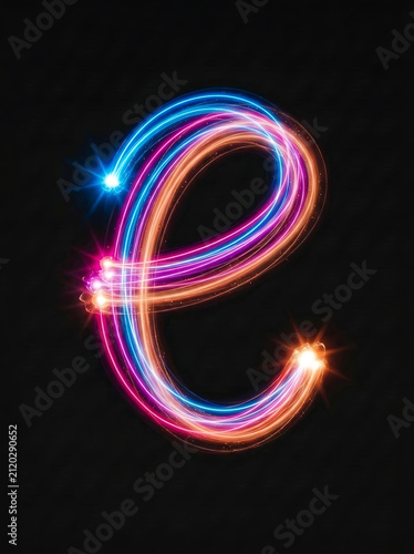 Glowing letter e light painting. Neon alphabet character created with long exposure light.
