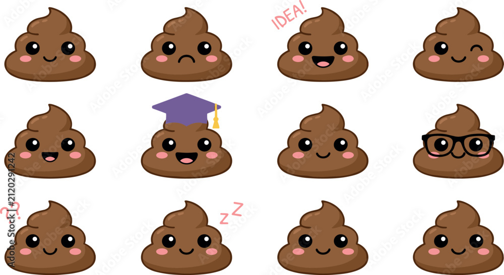 Fototapeta premium Cute Kawaii Poop Emoji Cartoon Character Vector Set with Happy Smiley Face and Various Expressions for Novelty Stickers and Digital Graphic Designs