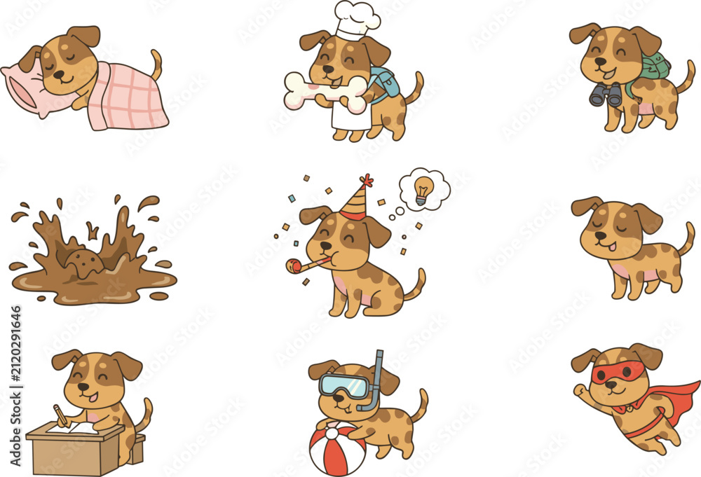 Obraz premium Cute Cartoon Dog Activity Collection Featuring Sleeping, Cooking, Bathing, Swimming, Superhero, Mud Play, Party, and Playful Puppy Character Illustrations