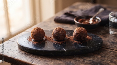 Gourmet Dark Chocolate Truffles Dusted with Cocoa Powder on Wooden Board