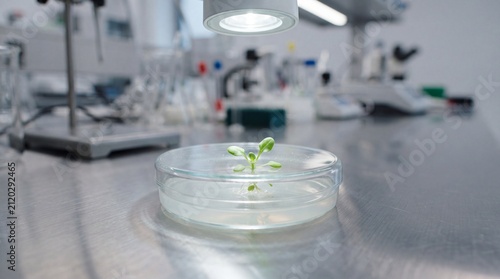 Green Plant Seedling Growing in Glass Petri Dish in Science Laboratory
