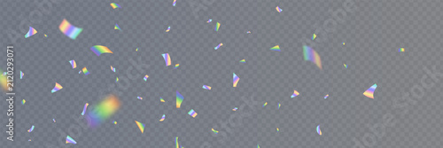 Holographic confetti bg. Prism lens. Shiny festive decor falling on transparent background. Rainbow light hologram. Crystal texture. Party celebration. Holiday glamour design. Vector Illustration