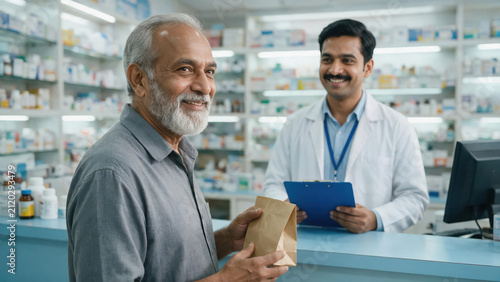 Happy indian senior man purchasing medicine at pharmacy