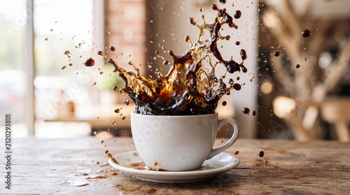 Warm Cup of Coffee with Floating Flowers and Book on Wooden Window Sill