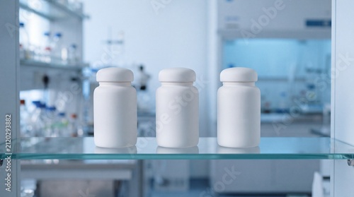 White Cosmetic Supplement Pill Bottles Standing on Glass Shelf in Lab