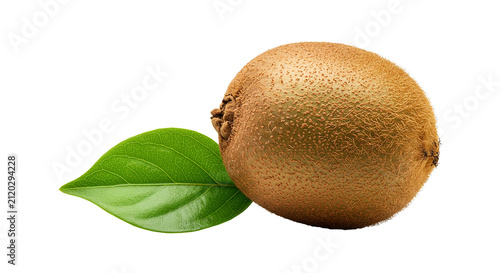 Single ripe whole brown fuzzy kiwi fruit with green leaf isolated on transparent backdrop.