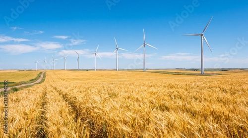 Wind Turbines Generation Row in Golden Wheat Field under Sunny Blue Sky