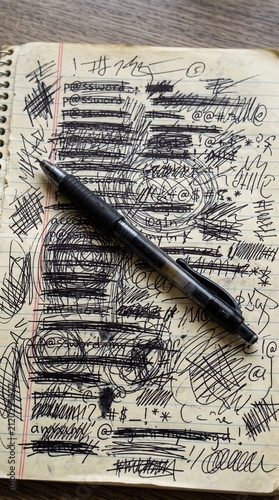 scribbled out passwords on paper representing password fatigue