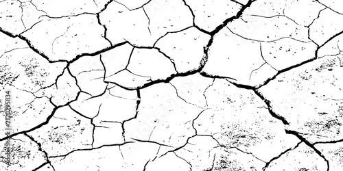 A high-contrast, black and white texture overlay of extensively cracked and distressed dry ground, featuring jagged, organic fissures and subtle granular details against a stark white background.	