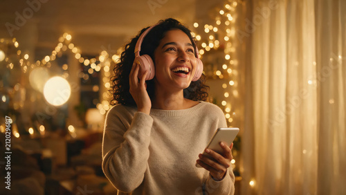 young indian woman holding smartphone wearing headphone standing at home