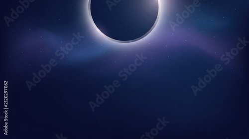 Total solar eclipse view from space with starry sky and glowing corona.