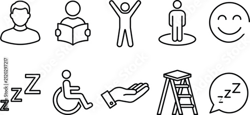Mixed human lifestyle line icon set featuring reading book celebration wheelchair accessibility sleep ladder and happy avatar vector