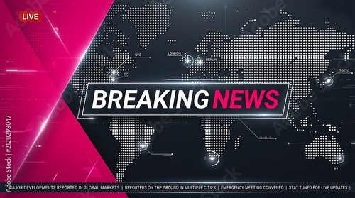 Breaking news broadcast graphic. Digital world map background for live television report.
