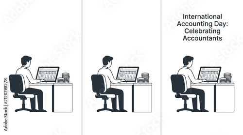 Three identical illustrations of an accountant working at a desk on a computer.