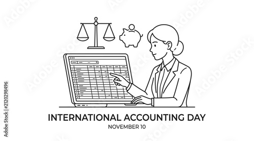 A professional accountant working on a computer with financial symbols for International Accounting Day.